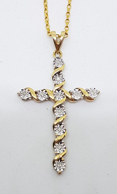 9ct Yellow Gold Diamond Large Diamond Cross / Crucifix Pendant on Gold Chain