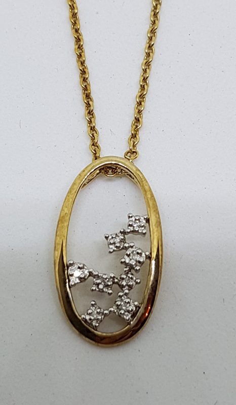 9ct Yellow Gold Diamond Oval Open Cluster Pendant on Gold Chain