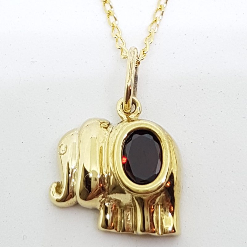 9ct Yellow Gold Garnet Elephant Pendant on Gold Chain