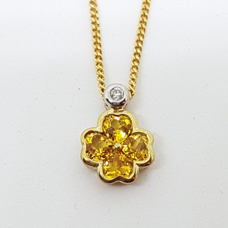 9ct Yellow Gold Citrine &amp; Diamond Flower Cluster Pendant on Gold Chain