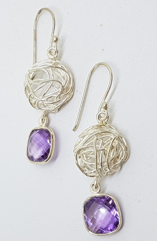 Sterling Silver Square Amethyst Long Drop Earrings