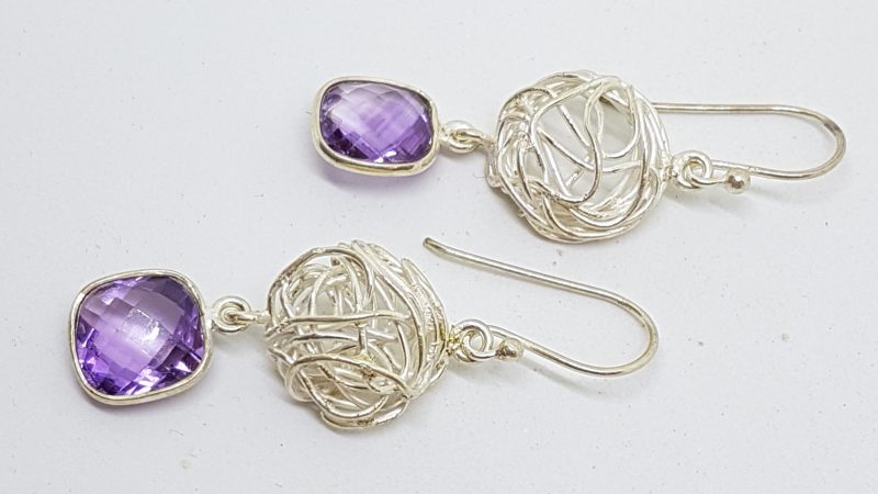Sterling Silver Square Amethyst Long Drop Earrings