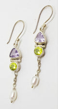 Sterling Silver Amethyst, Peridot &amp; Pearl Long Earrings