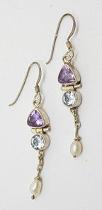 Sterling Silver Amethyst, Topaz &amp; Pearl Long Earrings