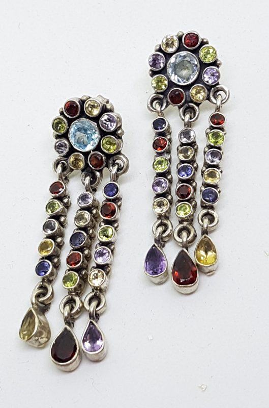 Sterling Silver Large Multi-Colour Gemstones Long Drop Earrings - Amethyst, Topaz, Citrine, Garnet, Peridot and Iolite