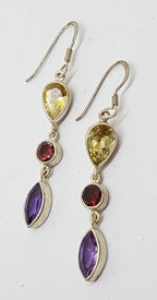 Sterling Silver Multi-Colour Gemstones Long Drop Earrings - Amethyst, Citrine &amp; Garnet