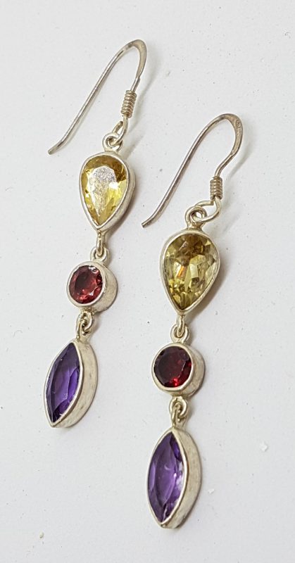 Sterling Silver Multi-Colour Gemstones Long Drop Earrings - Amethyst, Citrine &amp; Garnet