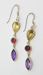 Sterling Silver Multi-Colour Gemstones Long Drop Earrings - Amethyst, Citrine &amp; Garnet