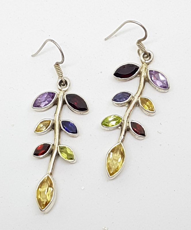 Sterling Silver Multi-Colour Gemstones Long Leaf Drop Earrings - Amethyst, Citrine, Garnet, Peridot and Iolite