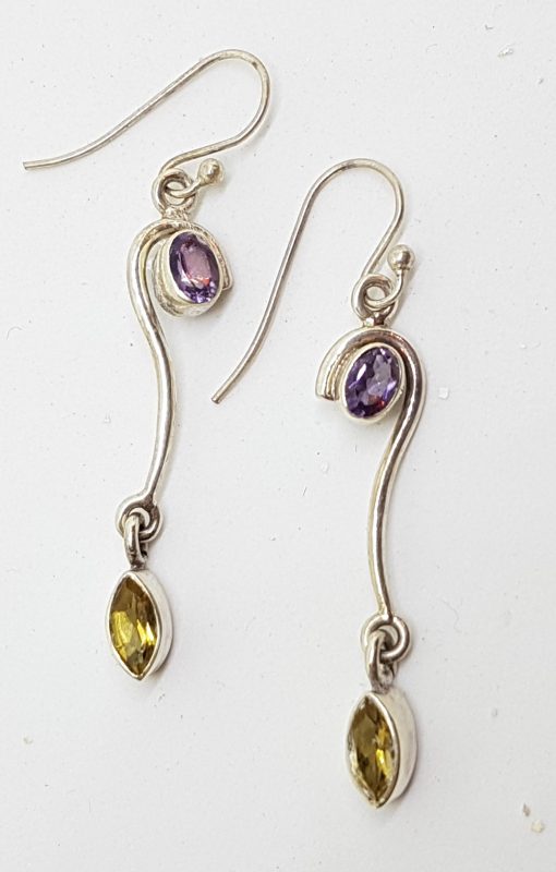 Sterling Silver Amethyst &amp; Citrine Long Curved Drop Earrings