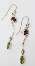 Sterling Silver Garnet &amp; Peridot Long Curved Drop Earrings