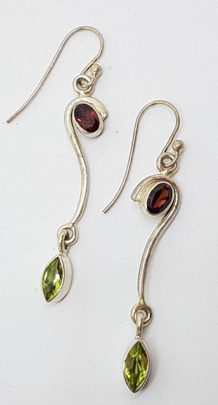 Sterling Silver Garnet &amp; Peridot Long Curved Drop Earrings
