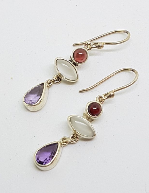 Sterling Silver Garnet, Moonstone &amp; Amethyst Drop Earrings