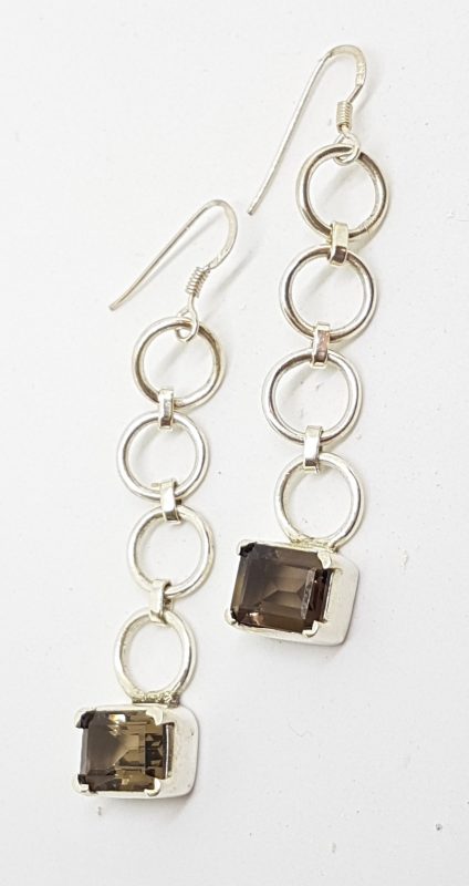 Sterling Silver Long Smokey Quartz Rectangular Drop Earrings