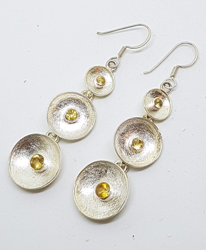 Sterling Silver Citrine in Round Circles Long Drop Earrings