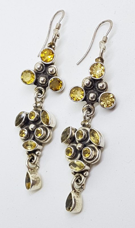 Sterling Silver Citrine Long Ornate Drop Earrings