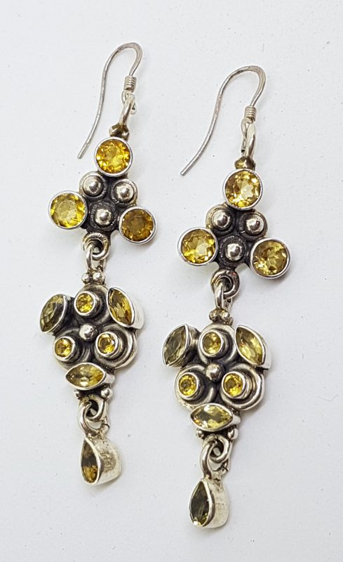 Sterling Silver Citrine Long Ornate Drop Earrings