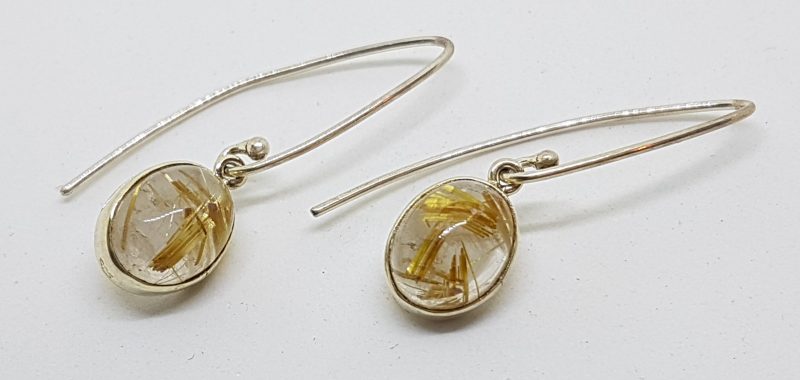Sterling Silver Oval Rutilated Quartz Long Drop Earrings – Bezel Set
