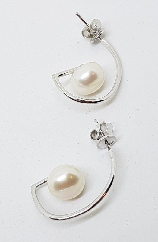 Sterling Silver Pearl Half Hoop Style Earrings