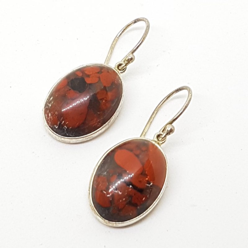 Sterling Silver Large Oval Bloodstone Drop Earrings