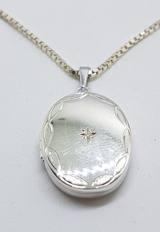 Sterling Silver Oval CZ Locket Pendant on Sterling Silver Chain
