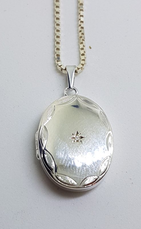 Sterling Silver Oval CZ Locket Pendant on Sterling Silver Chain