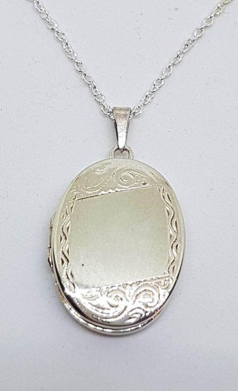 Sterling Silver Oval Ornate Locket Pendant on Sterling Silver Chain