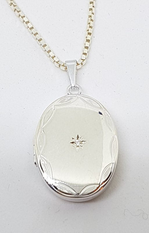 Sterling Silver Oval CZ Locket Pendant on Sterling Silver Chain