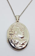 Sterling Silver Ornate Embossed Ladies Head Oval Locket Pendant on Sterling Silver Chain