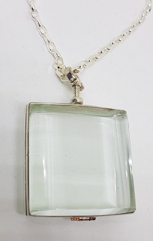 Sterling Silver Large Square Glass Locket Pendant on Sterling Silver Chain