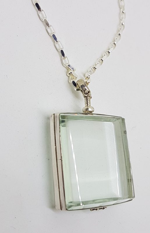 Sterling Silver Large Square Glass Locket Pendant on Sterling Silver Chain