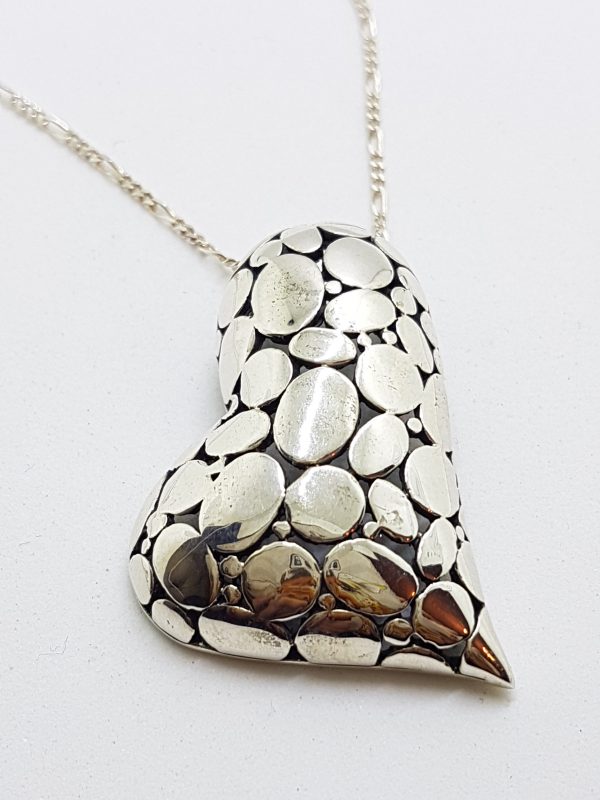 Sterling Silver Large Patterned Heart Pendant on Sterling Silver Chain