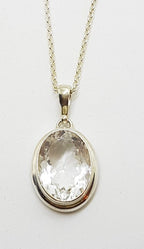 Sterling Silver Clear Crystal Quartz Oval Pendant on Sterling Silver Chain