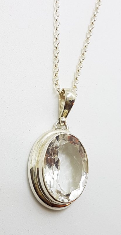 Sterling Silver Clear Crystal Quartz Oval Pendant on Sterling Silver Chain