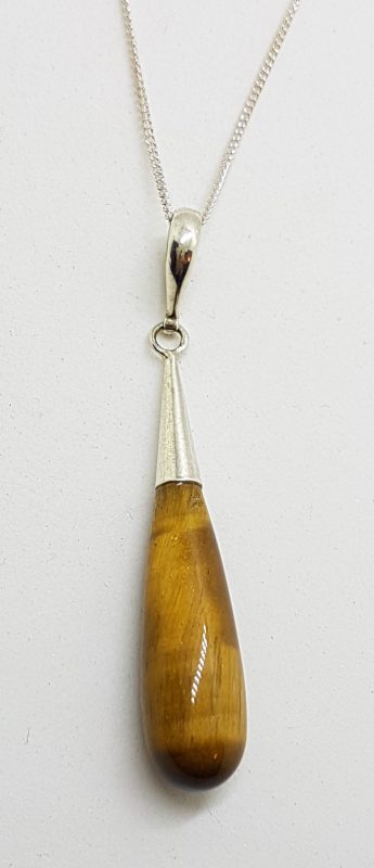 Sterling Silver Long Teardrop Shape Tiger Eye Pendant on Sterling Silver Chain
