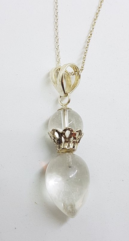 Sterling Silver Clear Crystal Quartz Pendulum Drop Pendant on Sterling Silver Chain