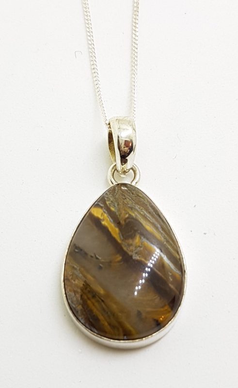 Sterling Silver Teardrop Shape Tiger Eye Pendant on Sterling Silver Chain