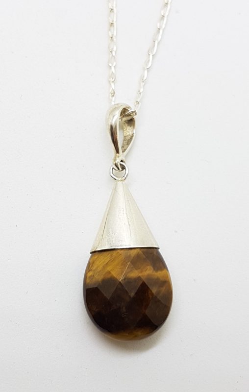 Sterling Silver Teardrop Shape Tiger Eye Drop Pendant on Sterling Silver Chain
