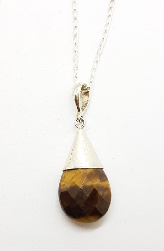 Sterling Silver Teardrop Shape Tiger Eye Drop Pendant on Sterling Silver Chain