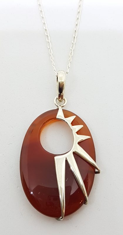 Sterling Silver Oval Carnelian Pendant on Chain - Sun-Burst Design