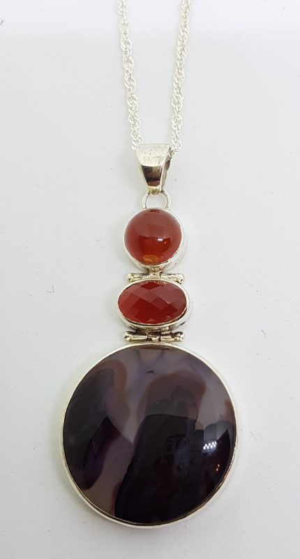 Sterling Silver Large Agate &amp; Carnelian Pendant on Sterling Silver Chain