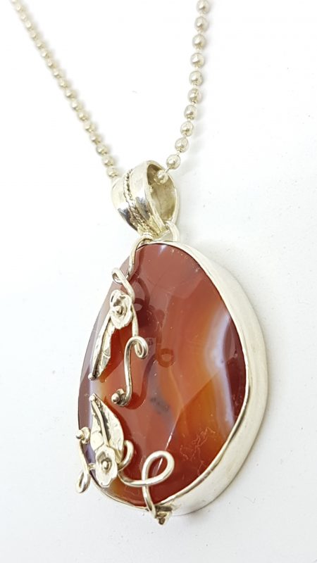 Sterling Silver Large Ornate Carnelian Pendant on Sterling Silver Chain
