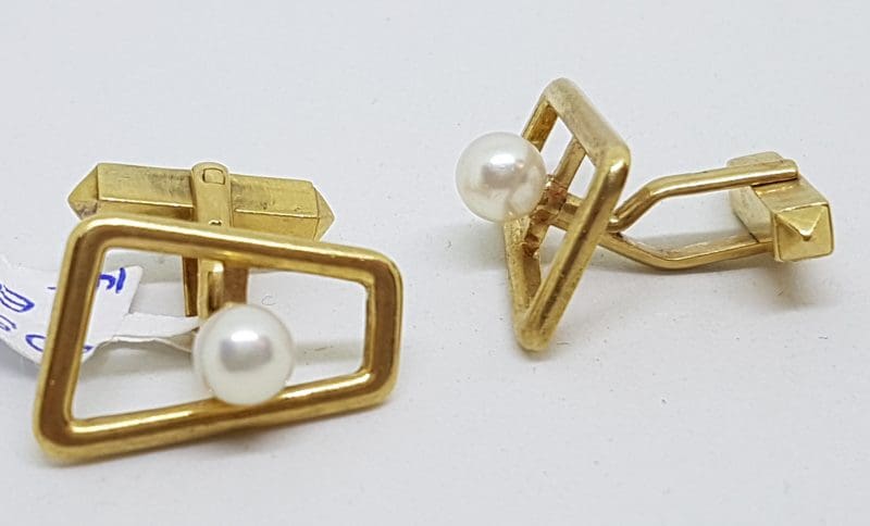 14ct Yellow Gold Mikimoto Pearl Large Cufflinks - Vintage / Antique