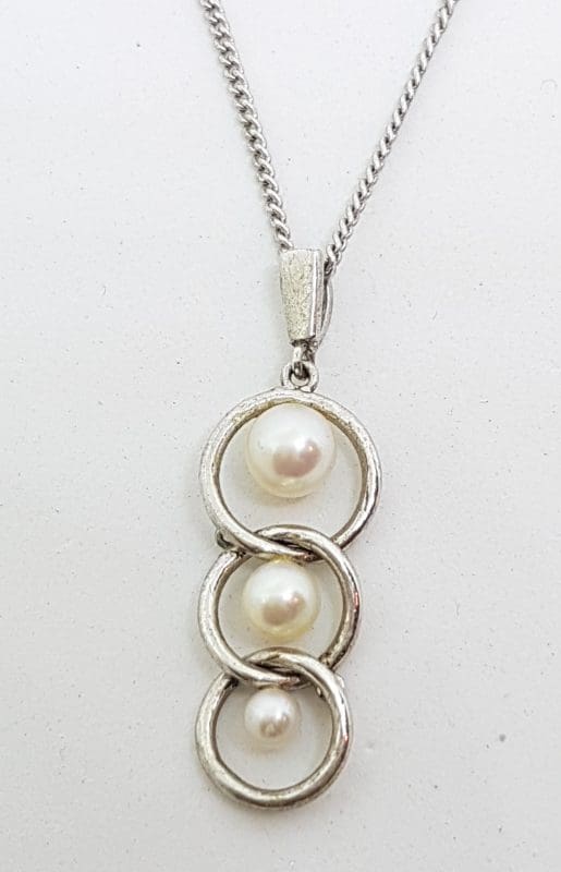 Sterling Silver Mikimoto Pearl in Circles Pendant on Sterling Silver Chain - Vintage