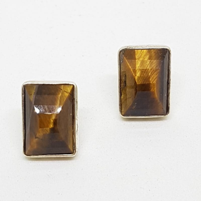 Sterling Silver Rectangular Stud Earrings - Tiger Eye - Faceted