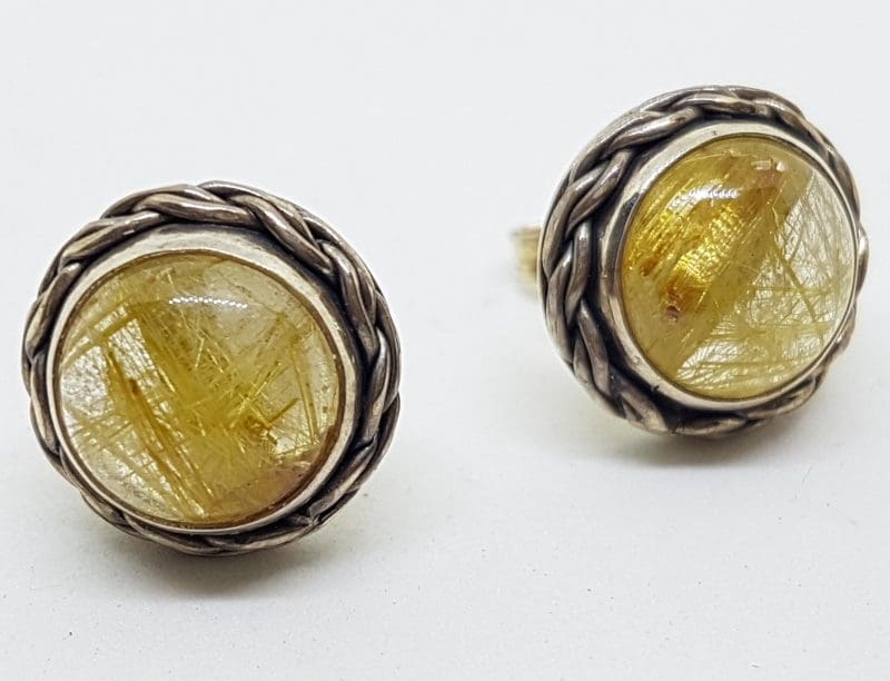 Sterling Silver Large Round Stud Earrings - Rutilated Quartz - Twist Rim