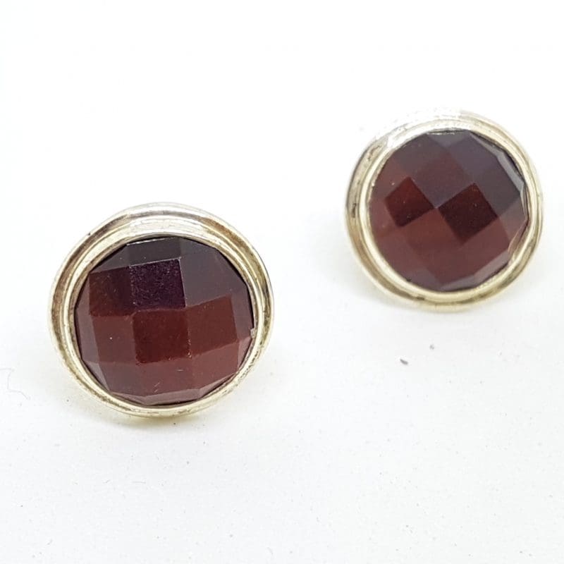 Sterling Silver Large Round Stud Earrings - Red Tiger Eye