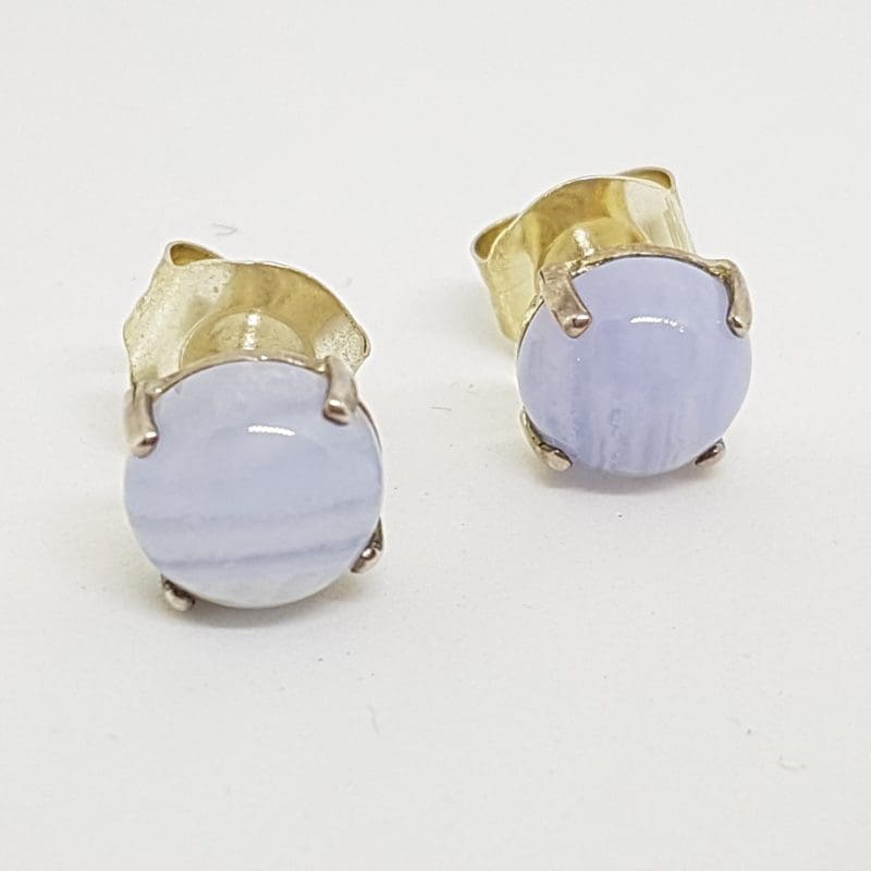 Sterling Silver Large Round Stud Earrings - Blue Lace Agate