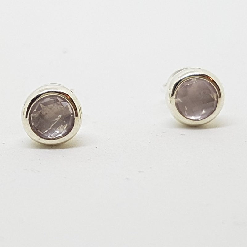 Sterling Silver Round Faceted Rose Quartz Stud Earrings