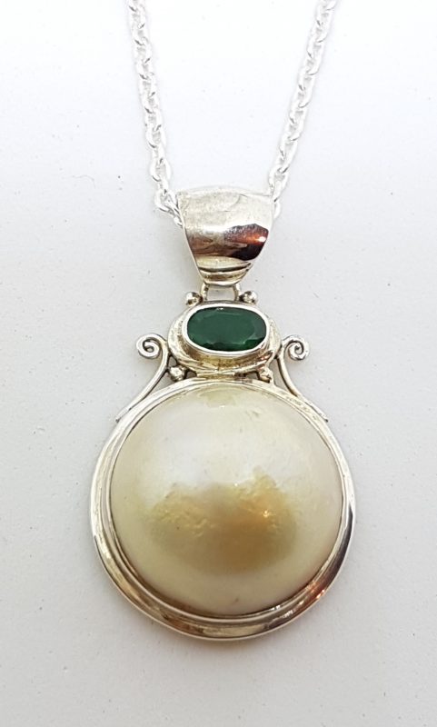 Sterling Silver Emerald &amp; Mabe Pearl Pendant on Sterling Silver Chain